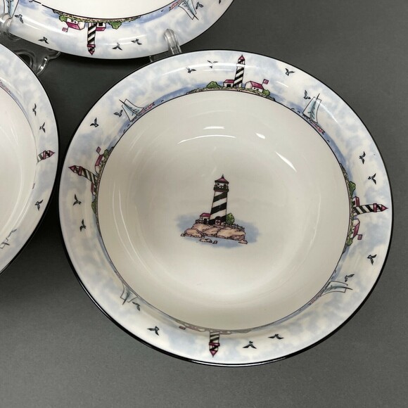 Stoneware Light House Sailboats White Blue Soup Cereal Bowls 7 1/4" Lot of 3 - Picture 5 of 8